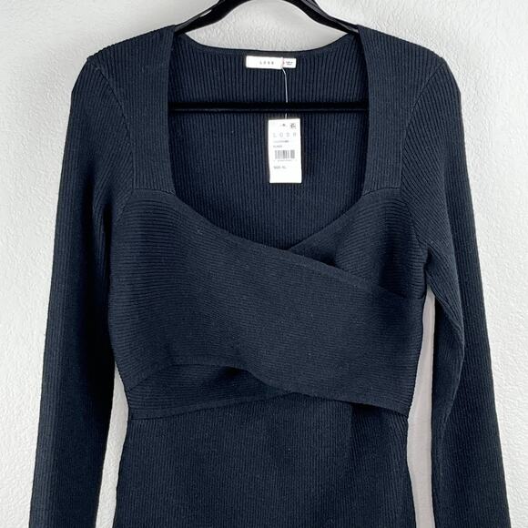 Lush Black Ribbed Knit Long Sleeve Crossover Mini Sweater Dress Large NWT - Picture 4 of 11